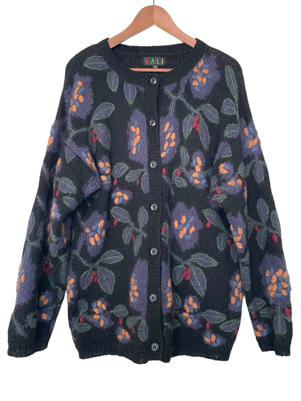 Vintage Bali Cardigan Granpacore Mohair Blend Floral Sweater Black Multicolor Me
